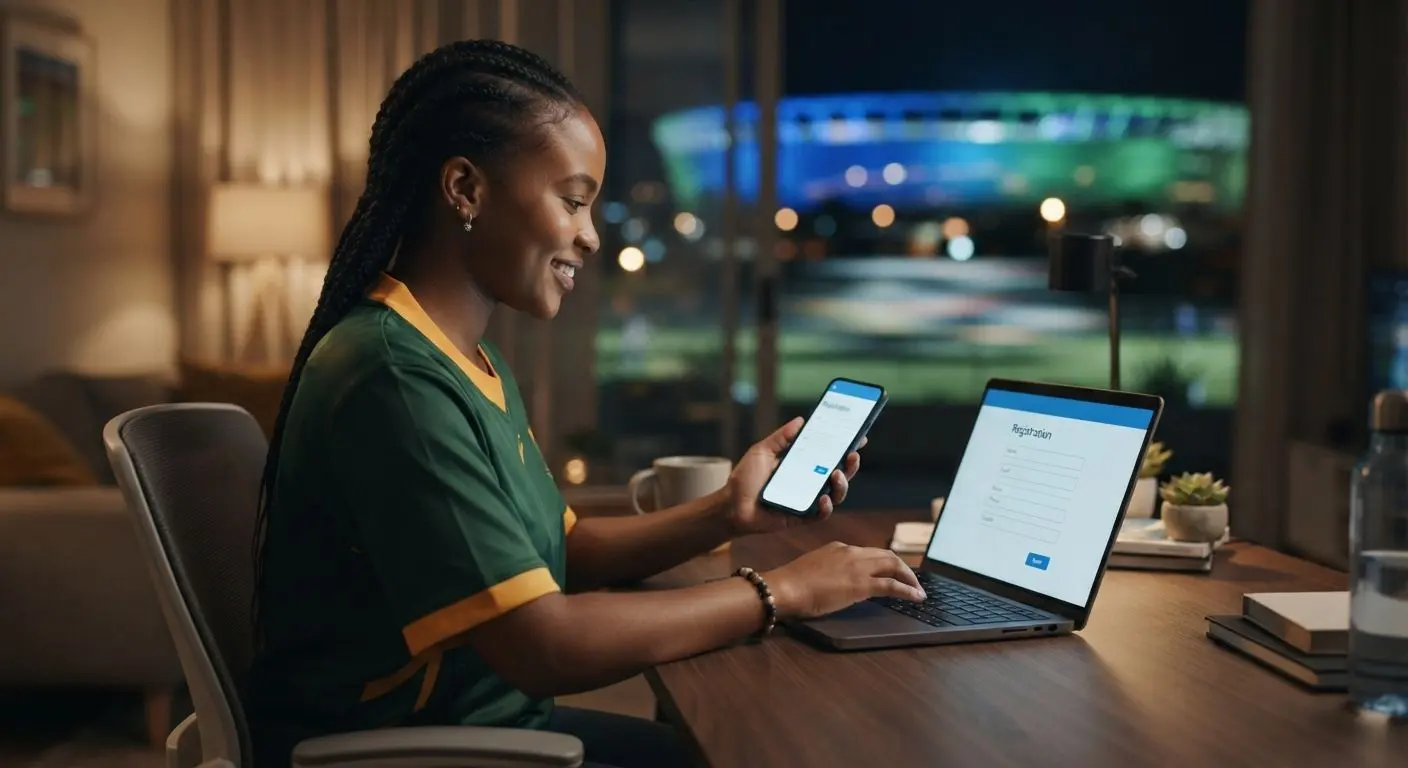 User in South Africa opening an online account on mobile and laptop