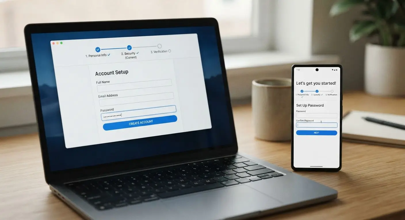Step-by-step online registration Online registration steps shown on a device screen