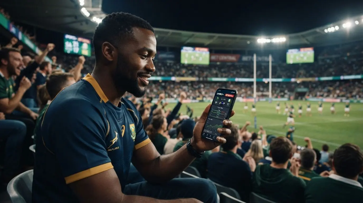 User with smartphone in a stadium-themed South African sports platform banner
