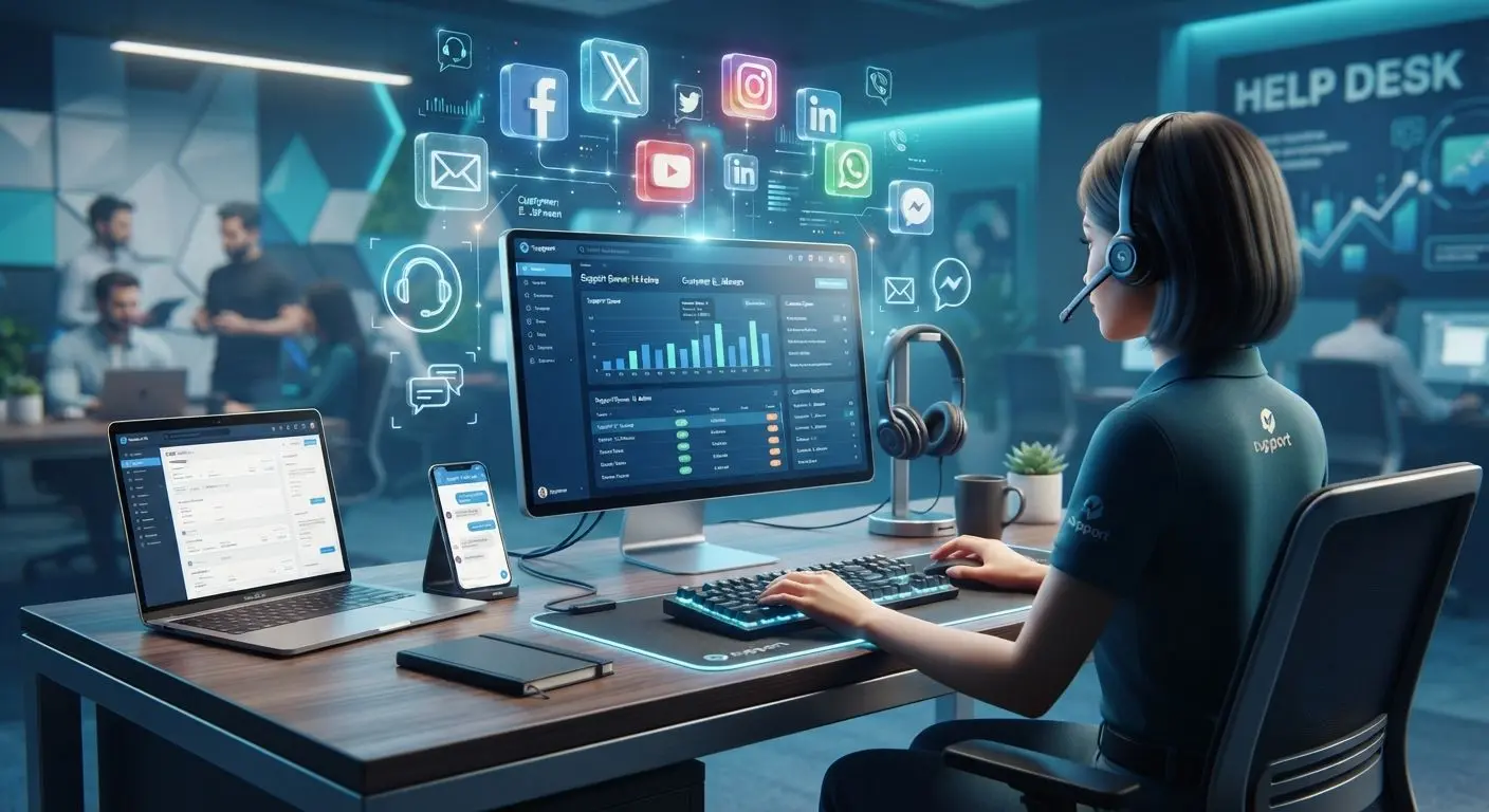 Customer support illustration with social channels and account help devices