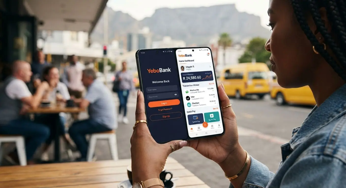Smartphone showing mobile login screen and home page interface