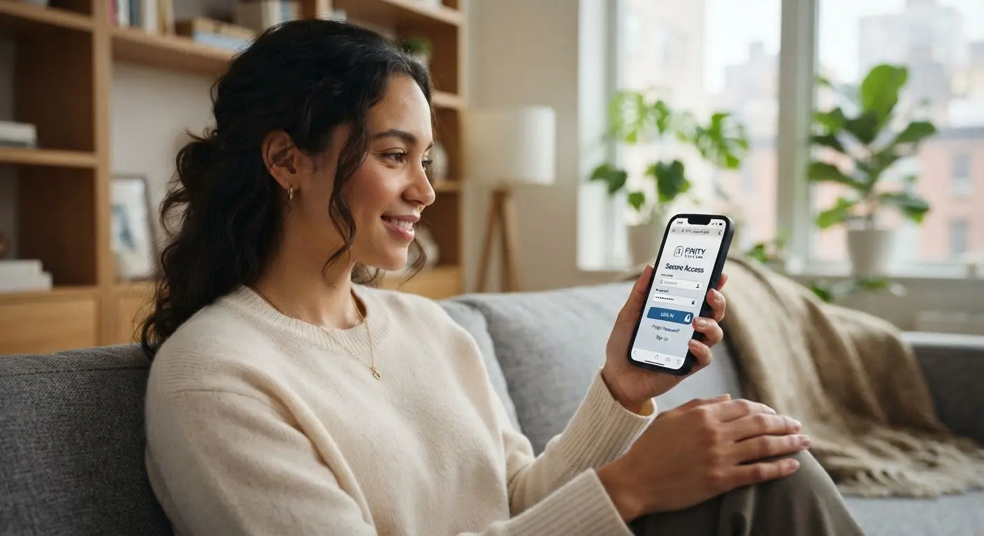 User holding a smartphone with a secure mobile login screen open