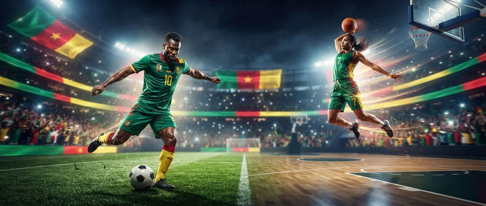 Sports-themed BetX Cameroon banner with football and basketball visuals
