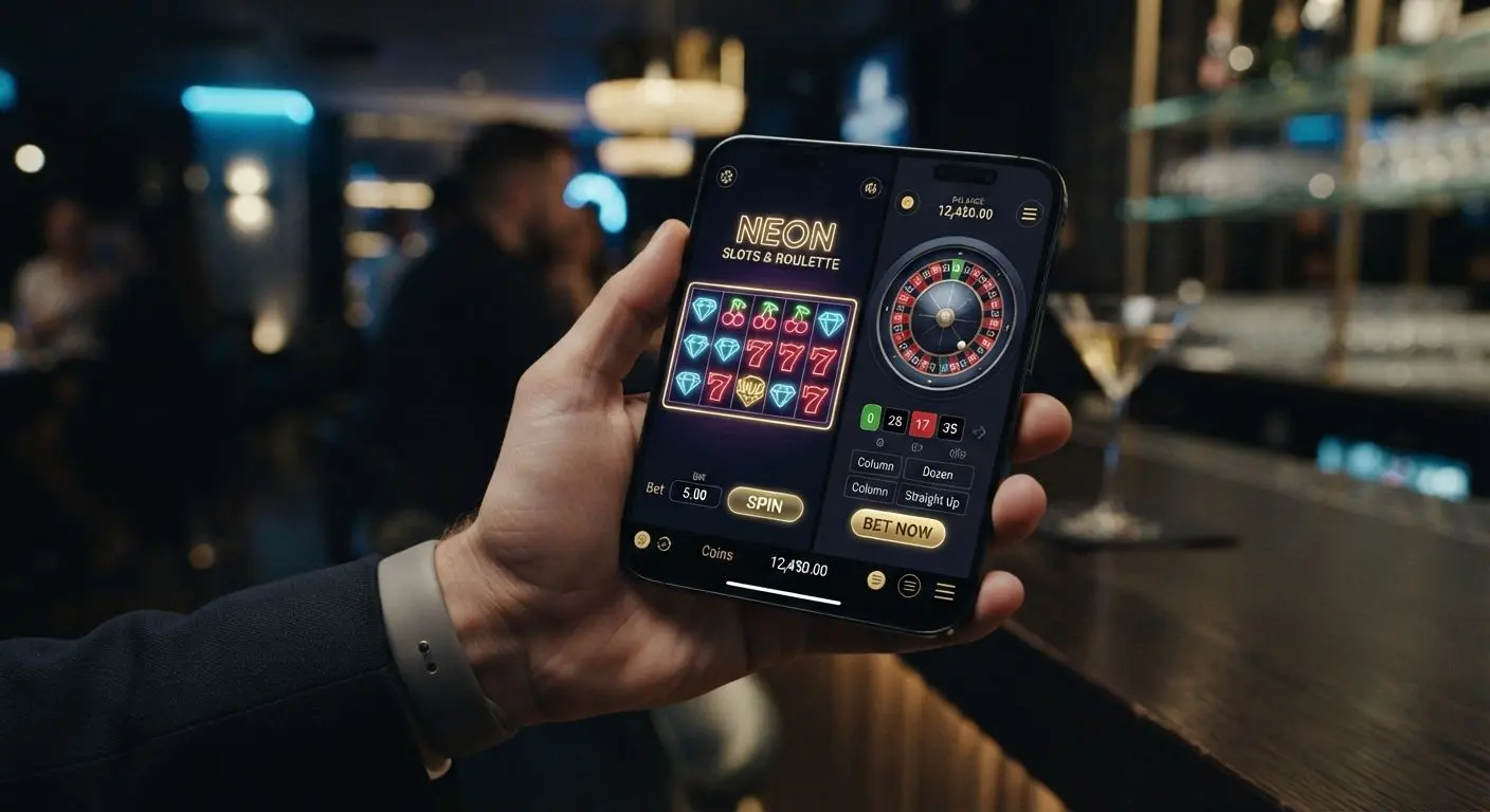 Mobile gaming interface on smartphone with slots and roulette