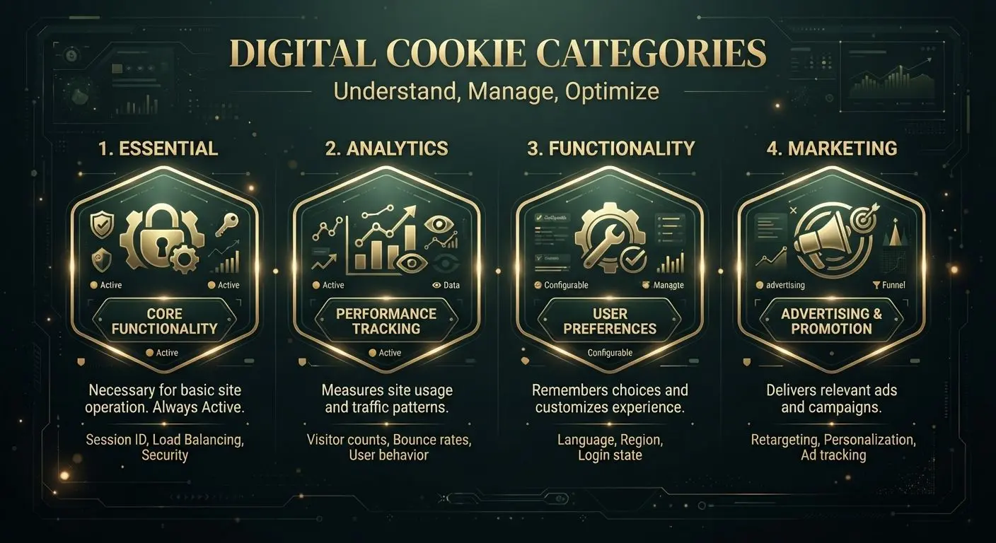Diagram of essential, analytics, functionality and marketing cookie types