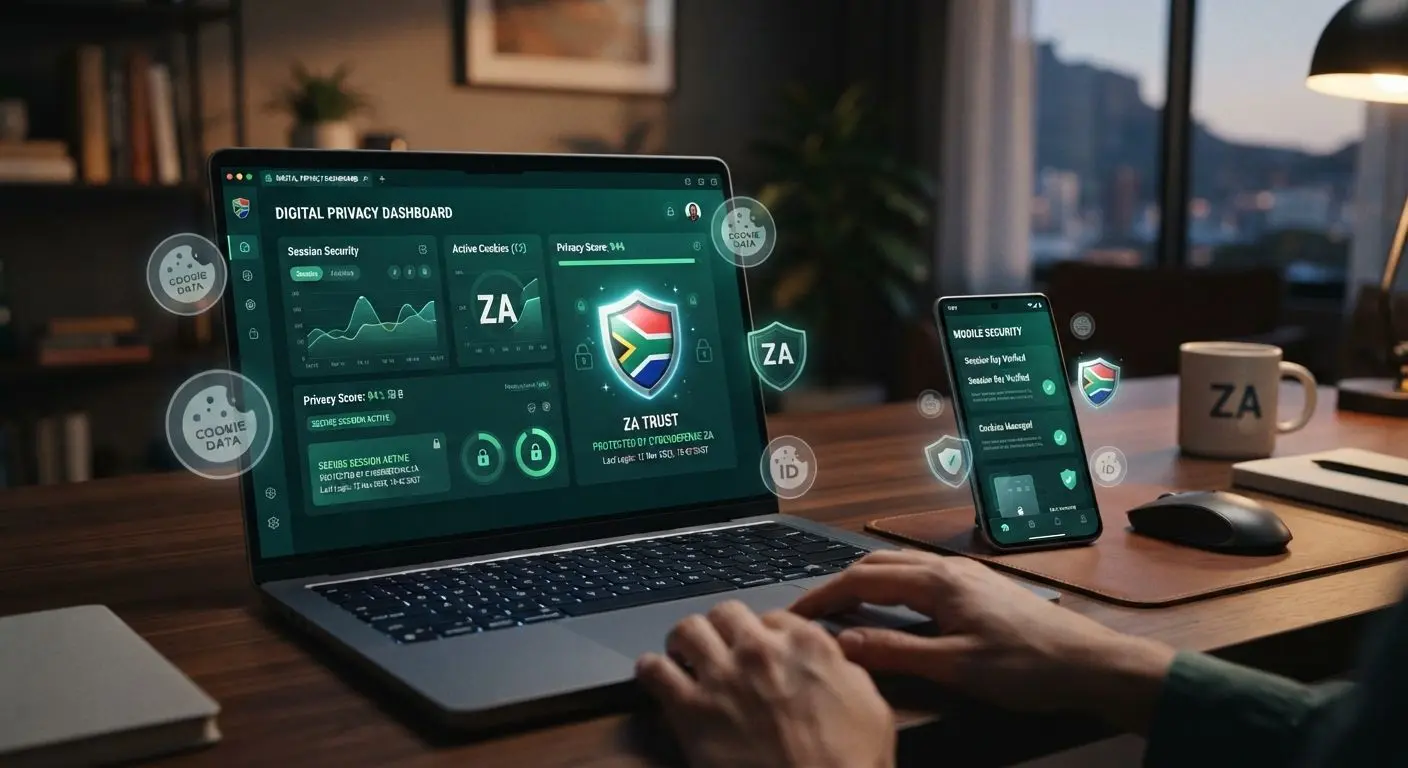 Secure website interface with cookie icons on browser and mobile device