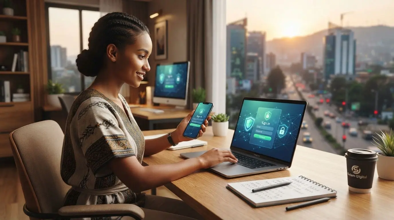 Betx ET login banner with laptop, smartphone and security lock for users in Ethiopia