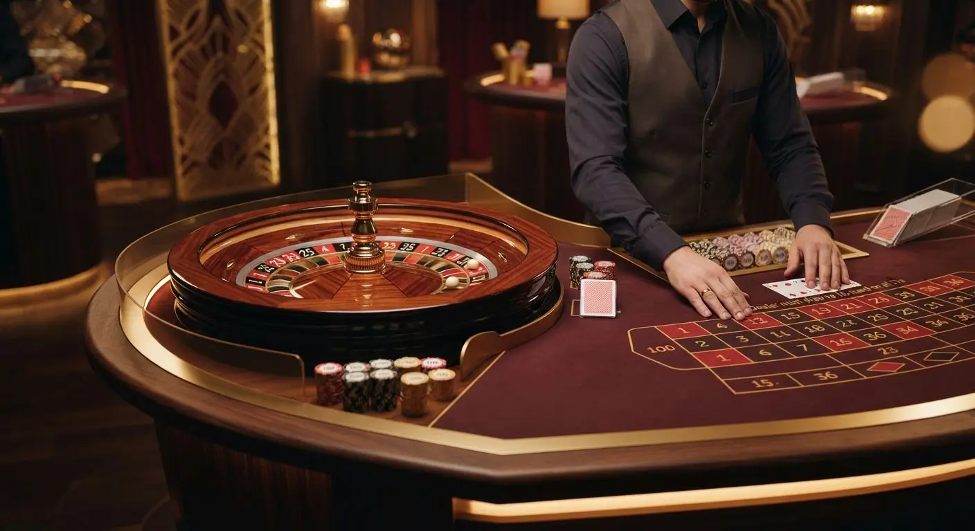 Live Table Games Experience Live table setup with dealer atmosphere, roulette wheel and cards