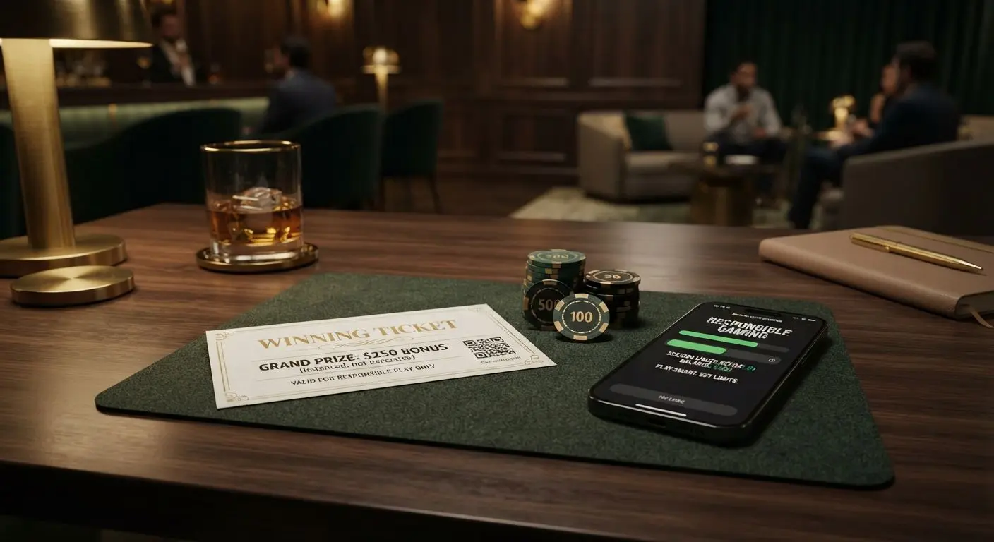 Promotional style image with ticket, chips, and phone in a responsible-use setting