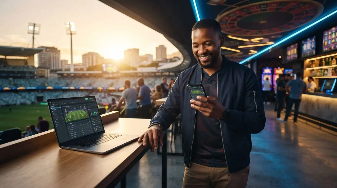 South African fan using a phone with stadium and entertainment-themed background