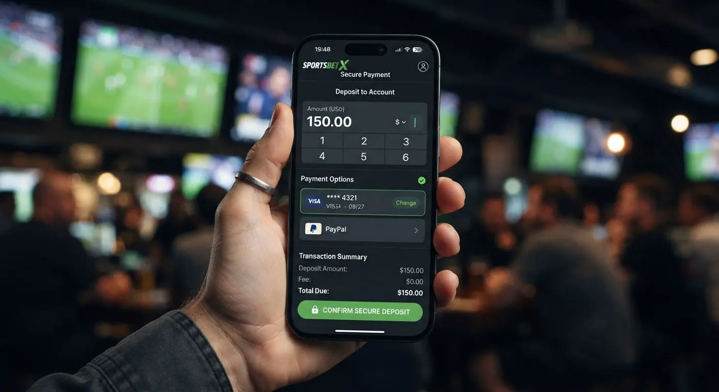 iPhone banking screen with deposit amount field and confirm button for BetXchange
