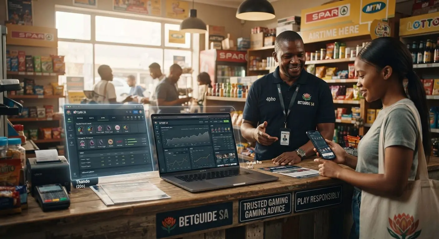 Traditional retail branch and modern online interface on laptop and smartphone