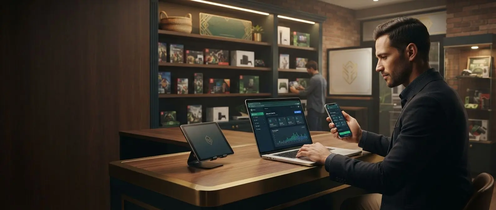 Traditional betting shop style setting combined with a modern laptop and smartphone interface