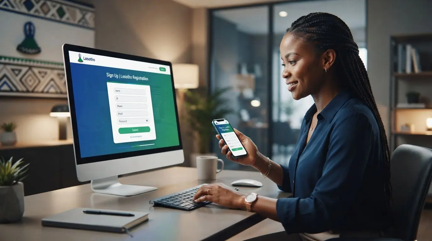 User registering on a modern platform with desktop and mobile screens in a Lesotho-themed setting