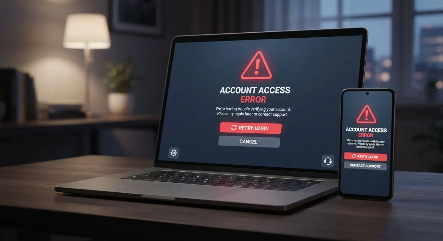 Login error screen with retry and support icons
