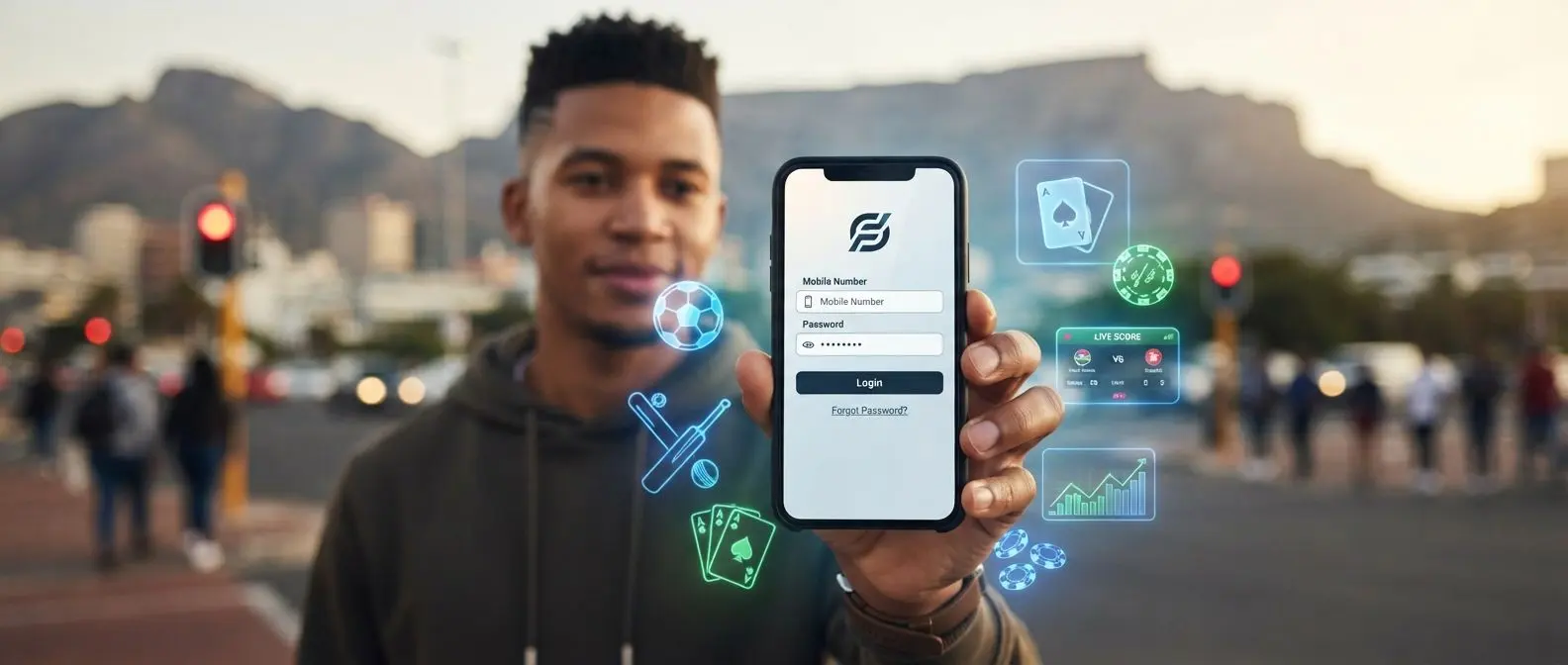 Hand holding smartphone with mobile login screen and sports icons around it
