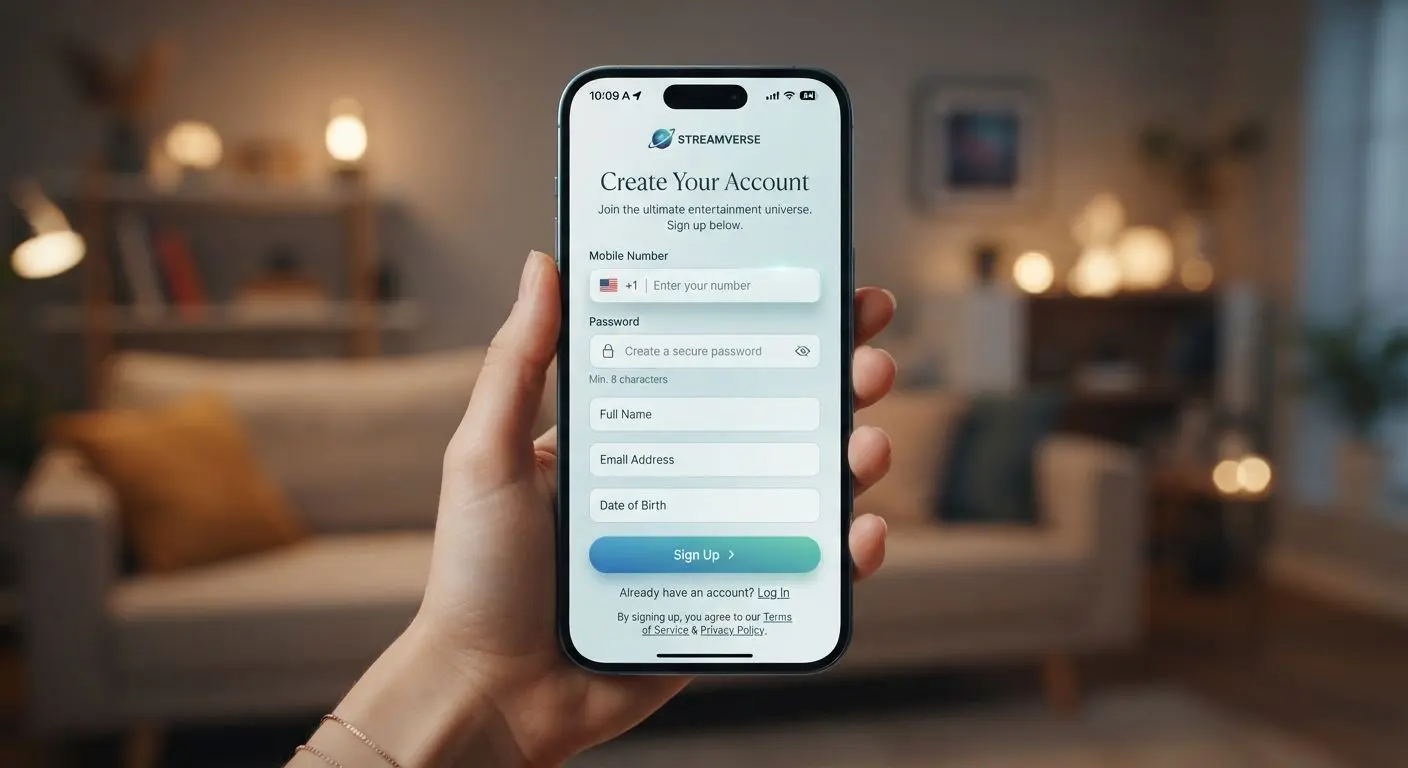 Phone screen showing a registration form with mobile number and password fields