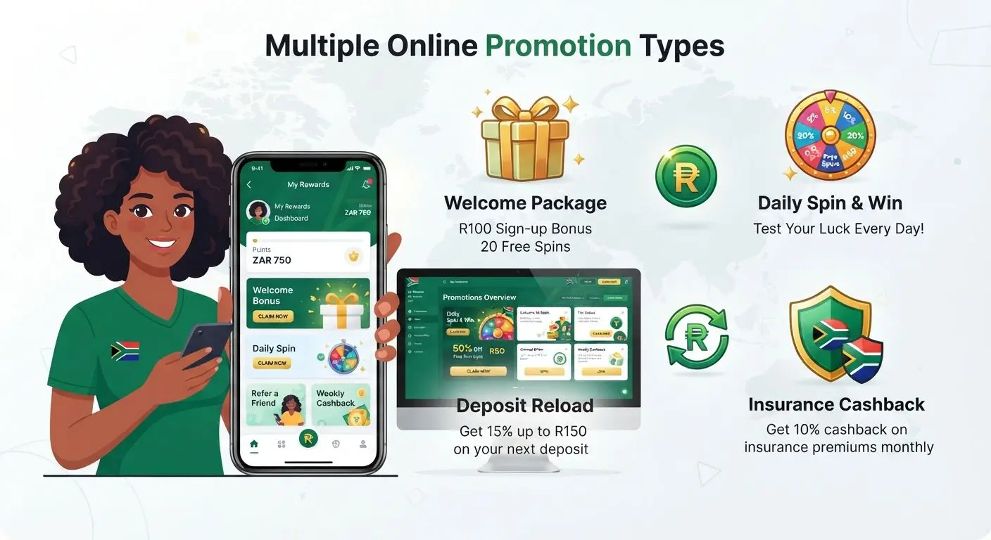 Illustration of different online bonus types including free spins, reload and insurance offers