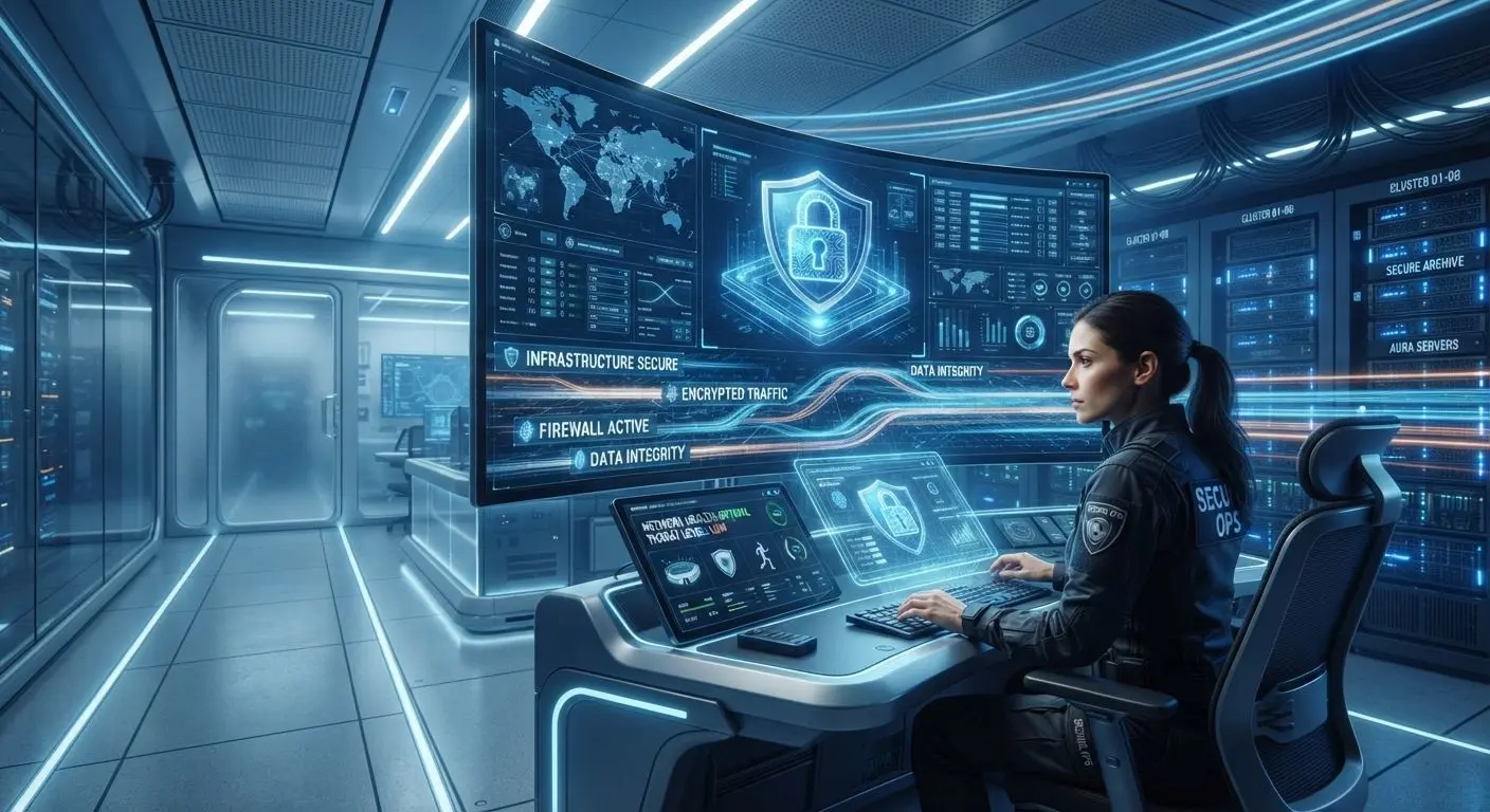 Digital security visual with servers, shield and lock for data protection