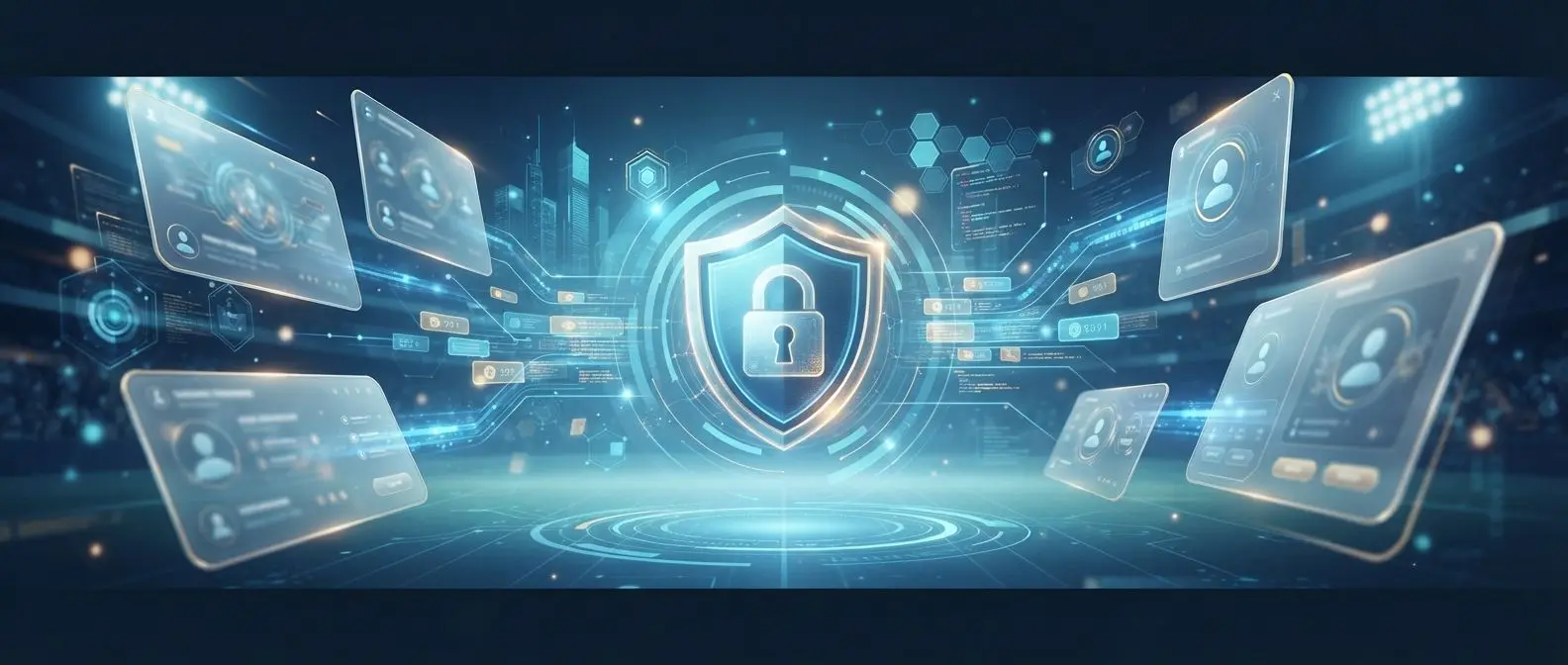Secure digital privacy banner with shield, lock and abstract data visuals