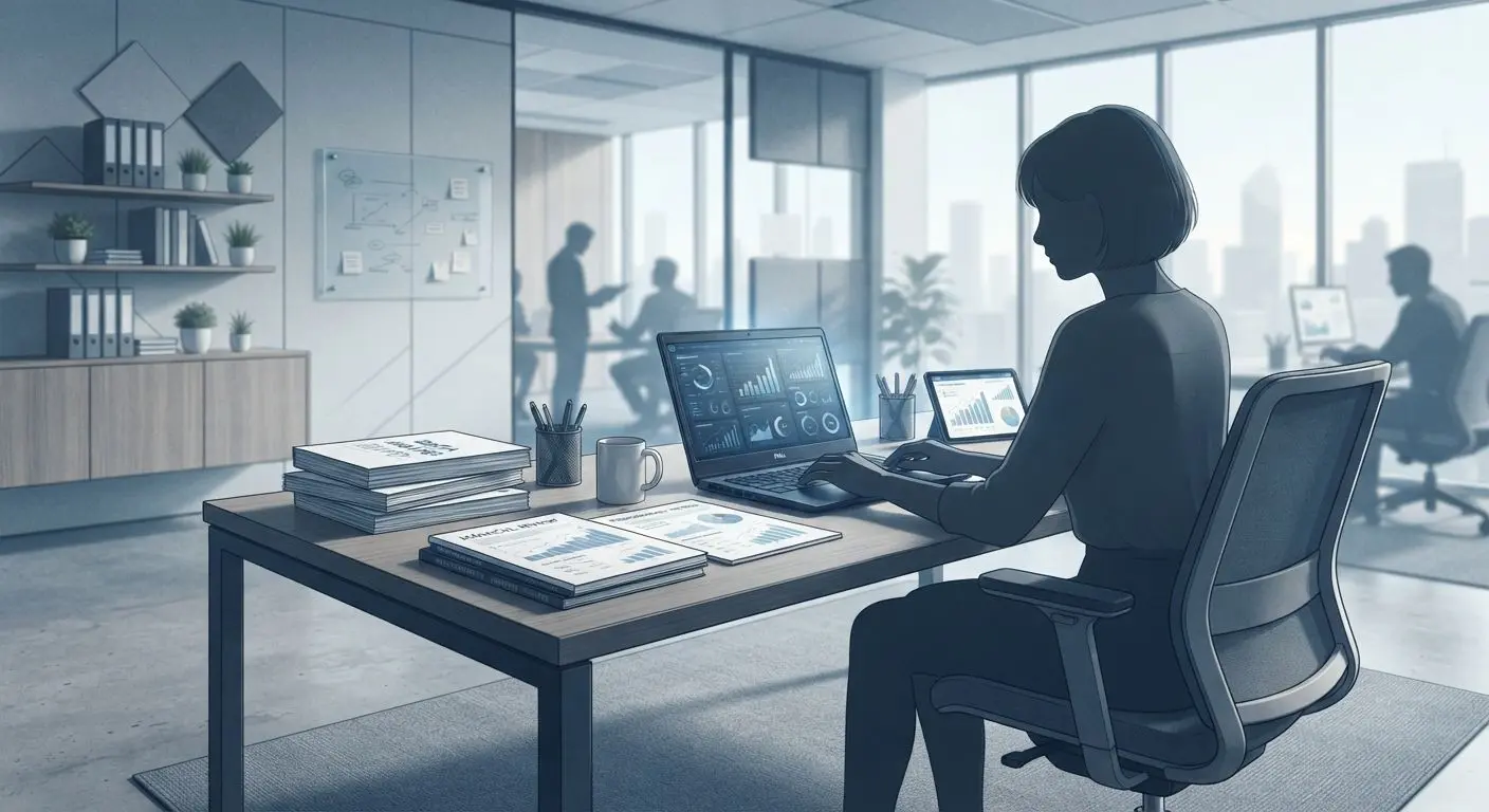 Analytics and policy review illustration with laptop, documents and charts