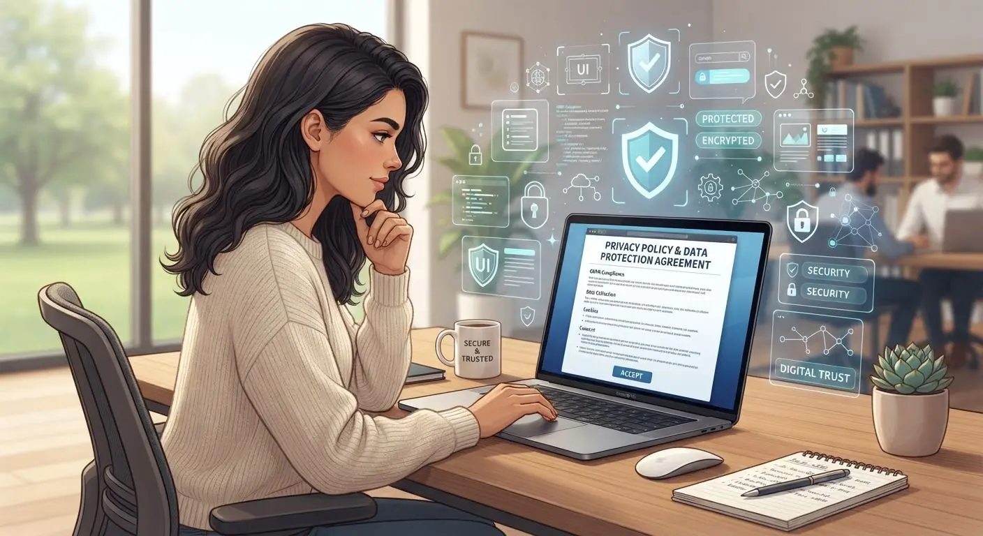 User reviewing an online privacy policy on screen with data and shield icons