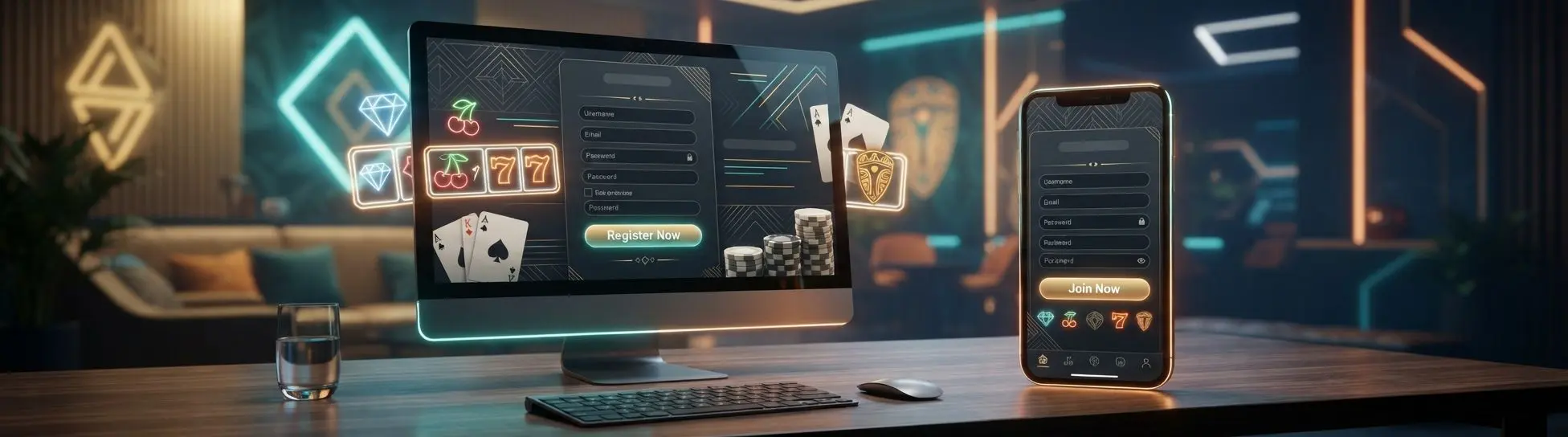Registration promo banner with desktop and mobile gaming interface visuals
