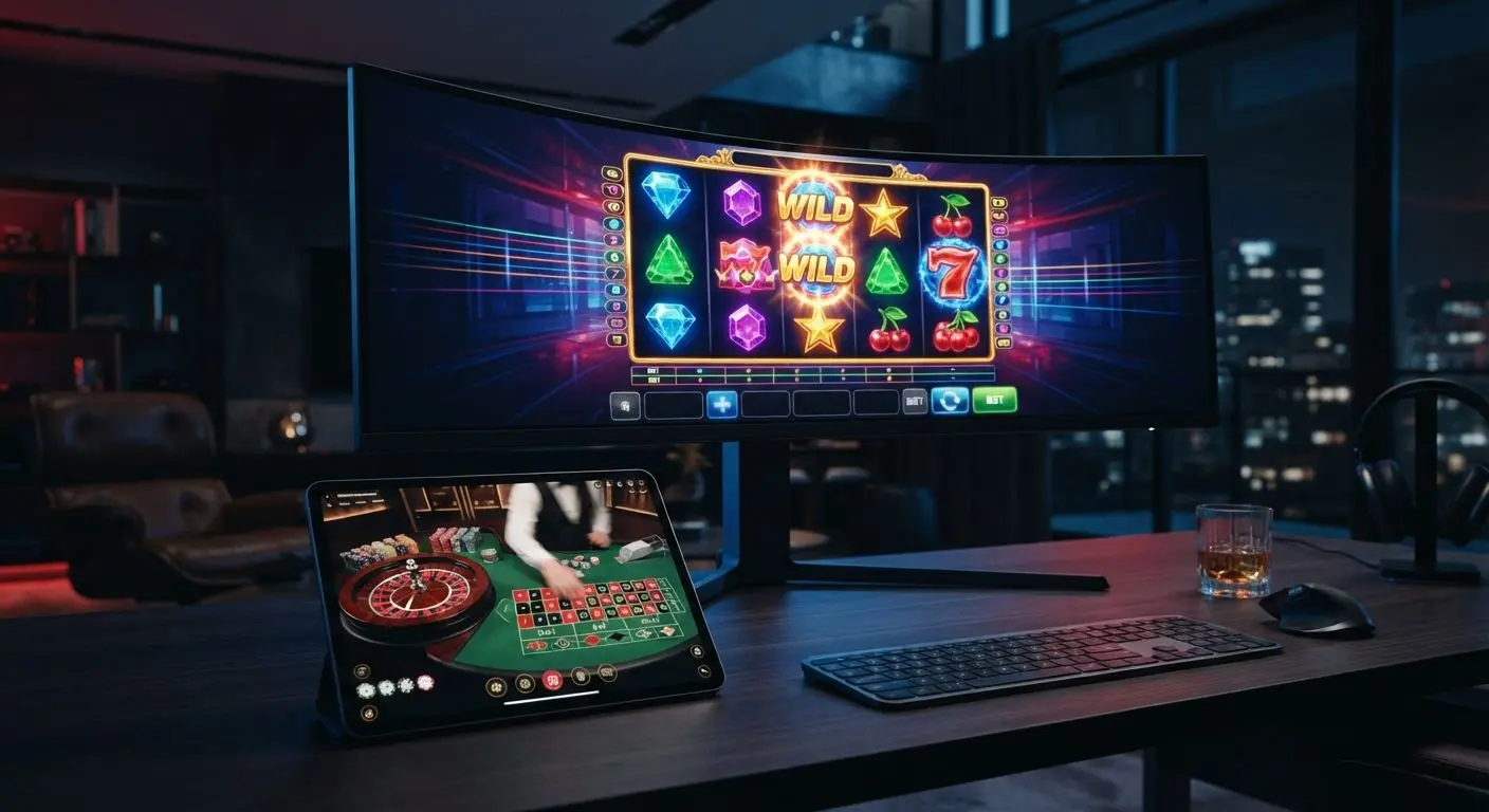 Online casino interface with slots and live table style layout
