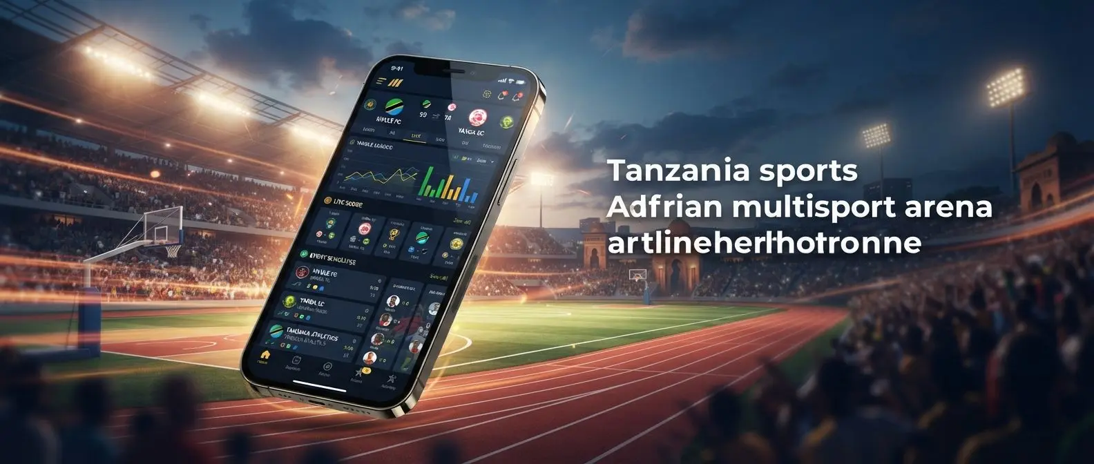 Smartphone with sports interface against football-themed Tanzania-inspired background