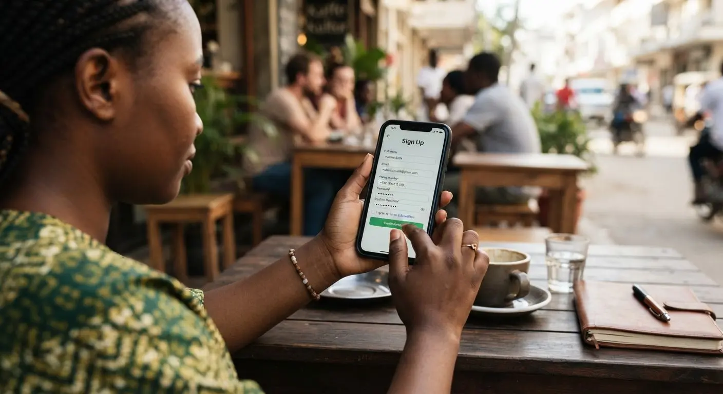 User completing account registration on a smartphone in Tanzania