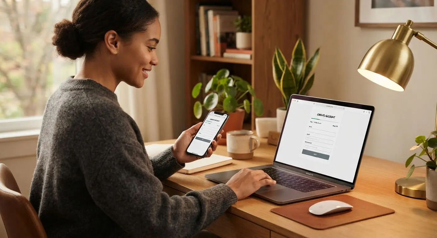 BetXchange Registration Steps Illustration User completing online registration steps on mobile and laptop